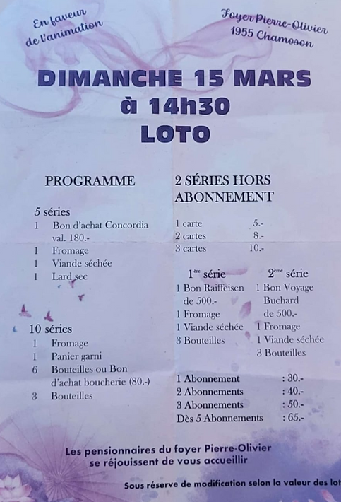 🎉 Loto à Chamoson – Foyer Pierre-Olivier 🎉 – Chamoson…