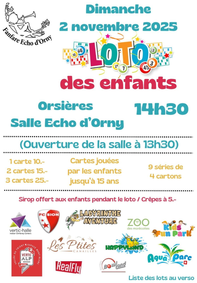 🎺 LOTO des enfants à Orsières – Fanfare Echo d’Orny (9 séries)