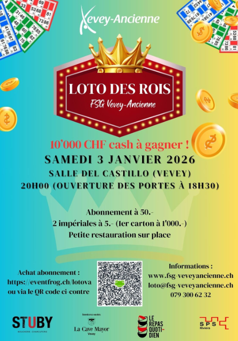 🤸💰✨ GRAND LOTO à Vevey – FSG Vevey-Ancienne (20 tours : 10 royales + 10 super-royales + 2 hors abo)