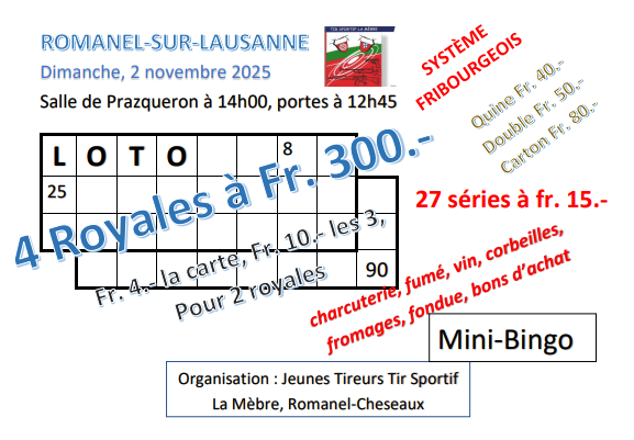 🎯 LOTO à Romanel-sur-Lausanne – Jeunes Tireurs Tir Sportif La Mèbre (27 séries + 4 royales + mini-bingo)