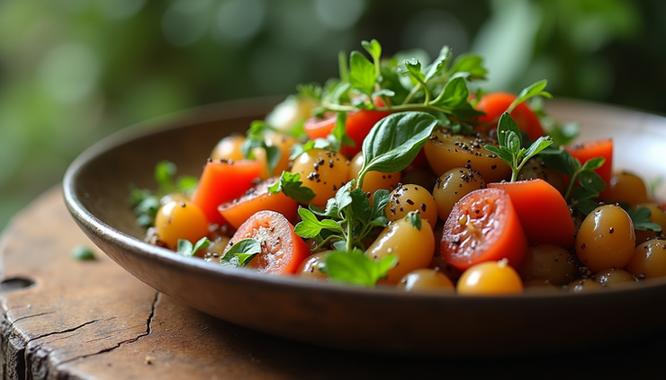 Close-up view of a farm-to-table dish with fresh vegetables and herbs