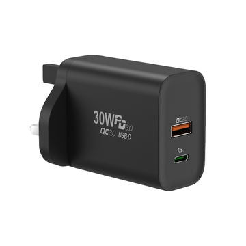 30W PD3.0 USB + Type-C Fast Charger Adapter UK White