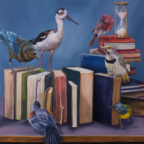 A variety of birds perch among books, trying to communicate.