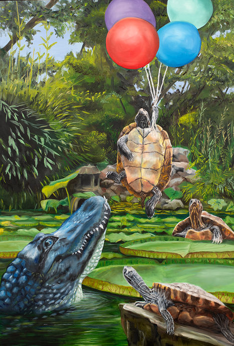 Turtle uses helium ballons to rise above lily pads.