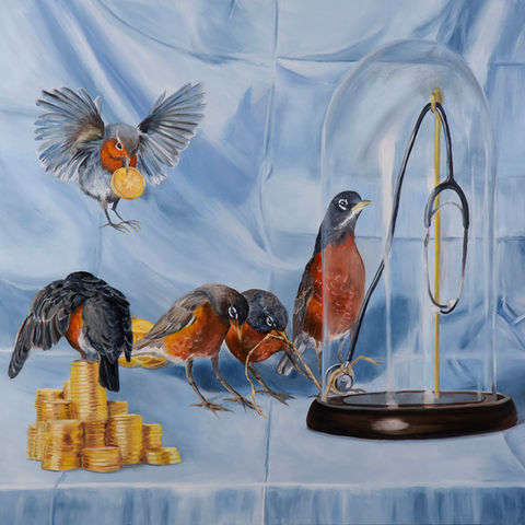 Robins try to pull a medical stethoscope out from under a glass dome while other birds collect stacks of coins.