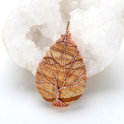 Thumbnail: Purple Quartz Opal Stone Pendants Handmade Rose Gold Color Tree of Life Wrapped 