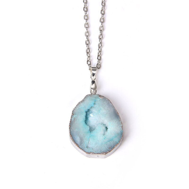 Thumbnail: Blue black pink quartz crystal agates stone necklace metal chain gift 