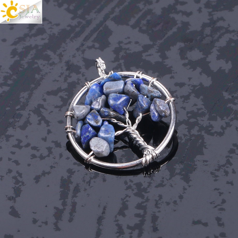 Thumbnail:  Tree of Life Necklace, Silver Pendant Crystal Color  7 Chakra Wire Wrapped 