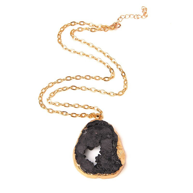 Thumbnail: Blue black pink quartz crystal agates stone necklace metal chain gift 