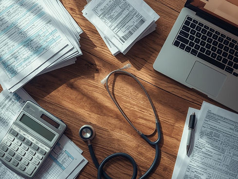 Top-view image of a desk with tax documents, calculator, laptop, and stethoscope. (1).jpg