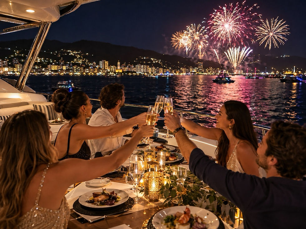 Friends toasting with champagne at a candlelit dinner on a yacht as New Year's Eve fireworks light up the Puerto Vallarta bay