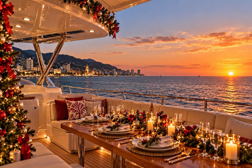 Festive Christmas dinner set on a yacht deck at sunset overlooking Puerto Vallarta