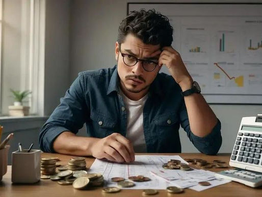 A person is doing financial work at a desk with coins, papers, and a calculator.