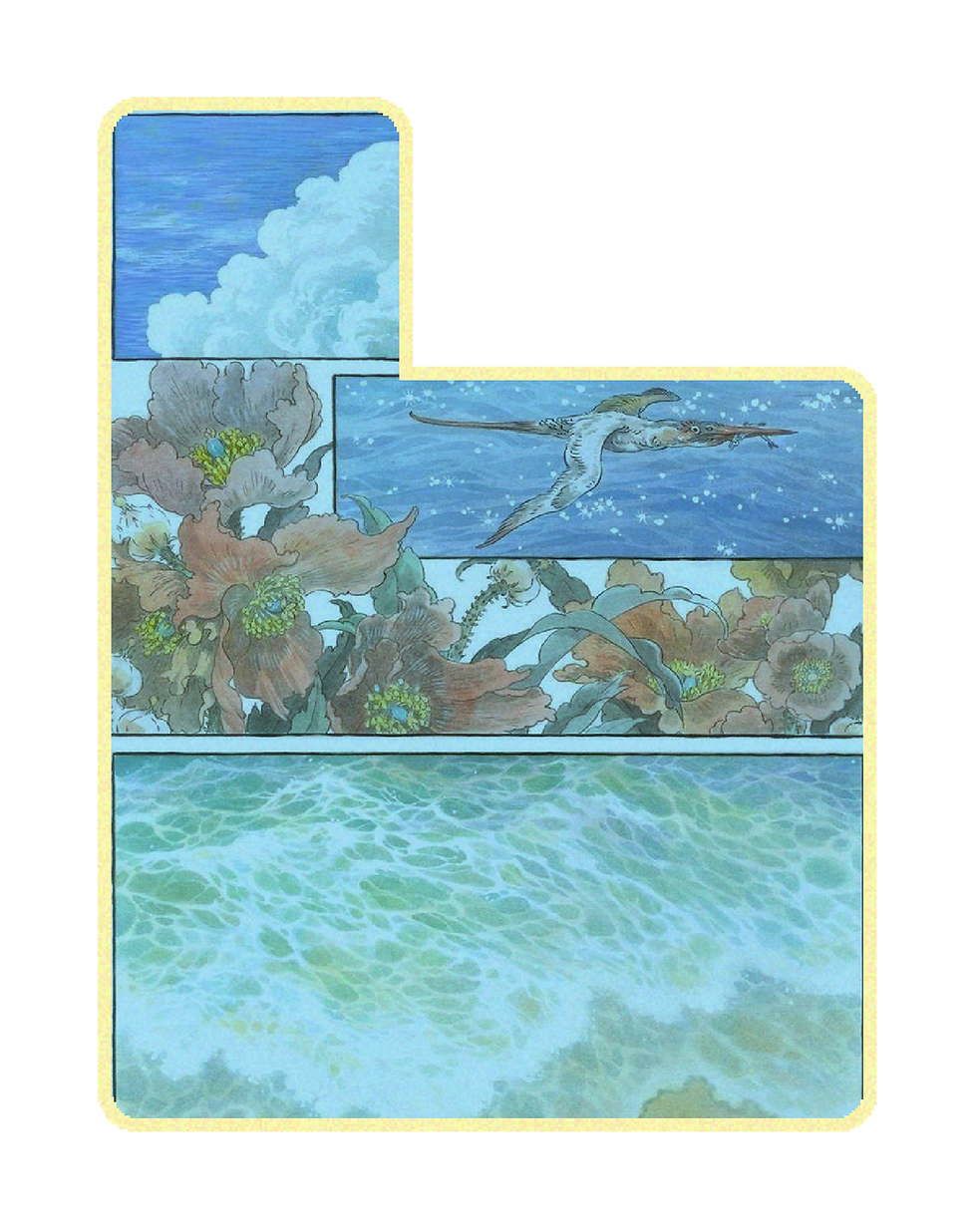 Collage de obras del taller Periodo Azul con paisajes, olas, cielo, flores y colores vibrantes