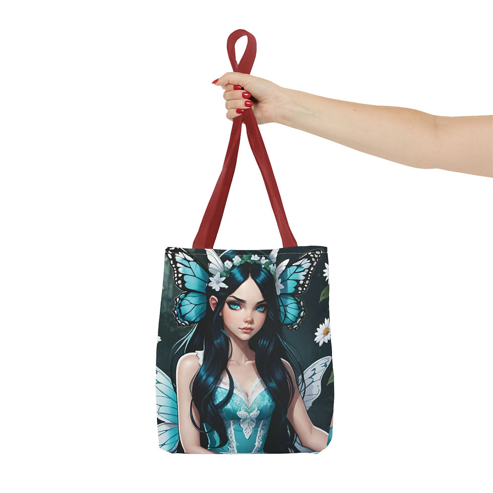 Thumbnail: Teal Monarch Faery- Wings and Tiny White Flowers in Hair -Tote bag