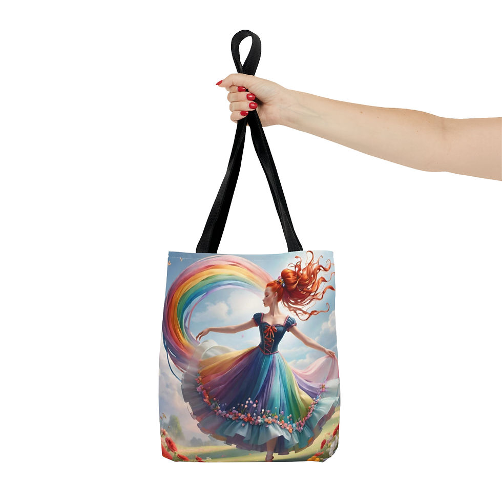 Thumbnail: Redheaded Rainbow Dancer-Long Dress-flora on skirt-flower field-Tote bag