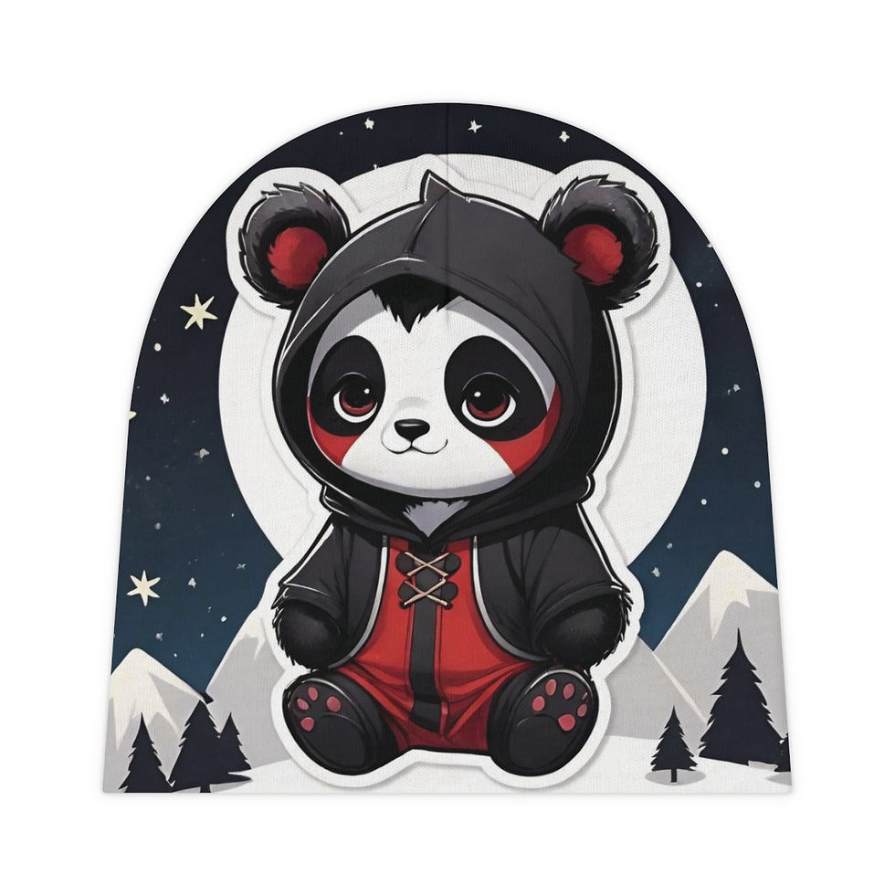 Thumbnail: Cutie-Panda in Black w Red PJs-Moon n Stars-Gender Neutral Baby Beanie 