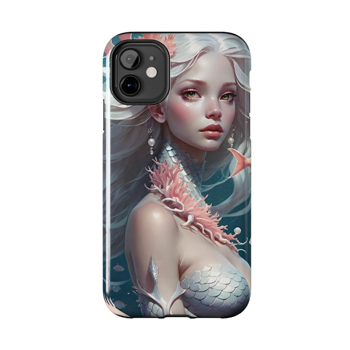 Mermaid-White Hair Skin Fins -Pink Coral Flowers Pearls-Tough Phone Cases
