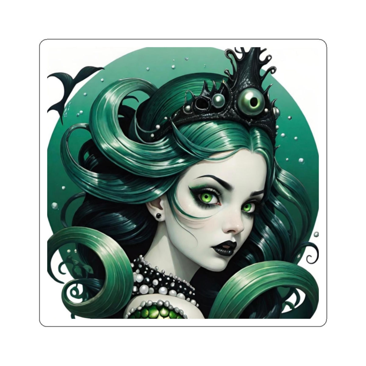 Green Siren Mermaid-Gothic Octo-ish w White n Green Pearl Crown-Die-Cut Stickers