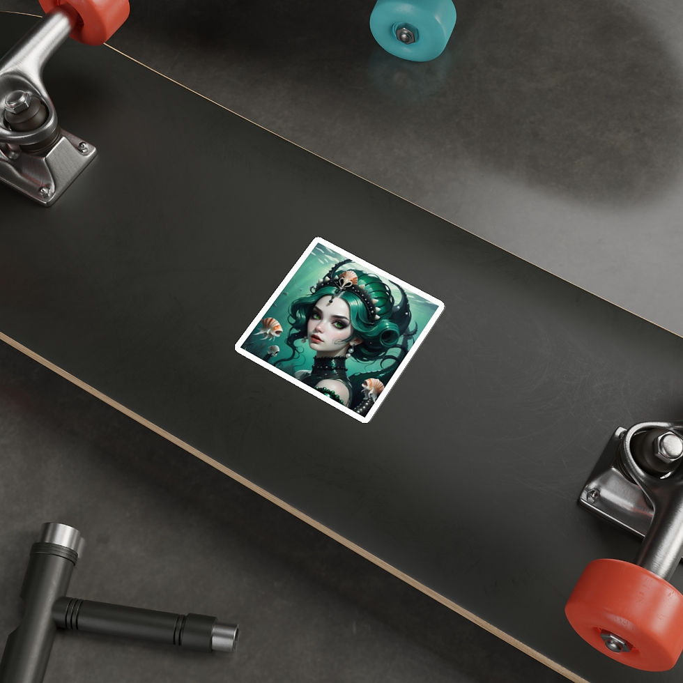 Thumbnail: Green Siren Mermaid-Octo-ish w Lrg Shell n Blk Pearl Crown-Die-Cut Stickers
