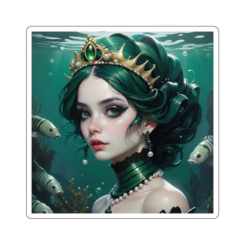 Thumbnail: Green Siren Mermaid-Golden Crown w Lrg Green Gem White Pearls-Die-Cut Stickers