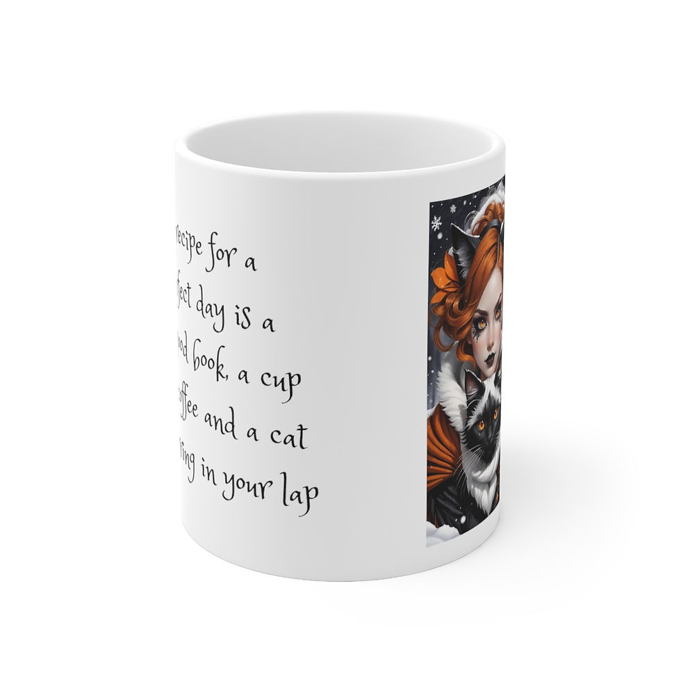 Thumbnail: Redheaded Calico Cat Fae w-bw-kitty-coffee-perfect day Ceramic Mug 11oz
