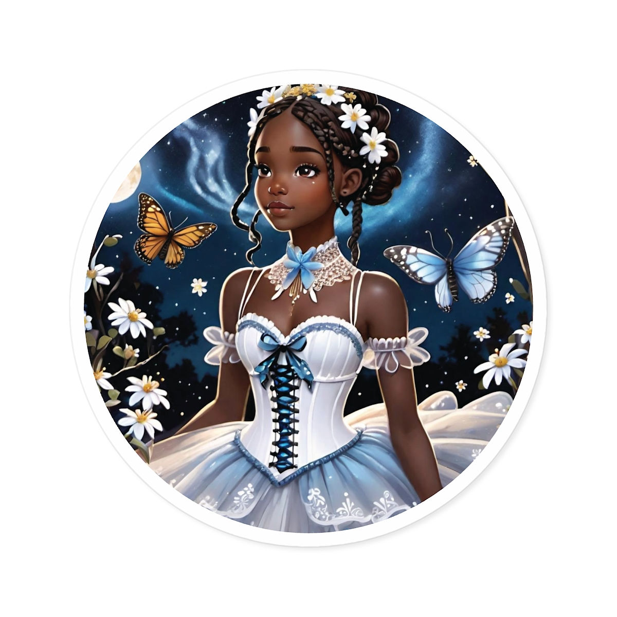 Moonbeam Faery w Lrg White Daisies in Hair Round Stickers, Indoor\Outdoor