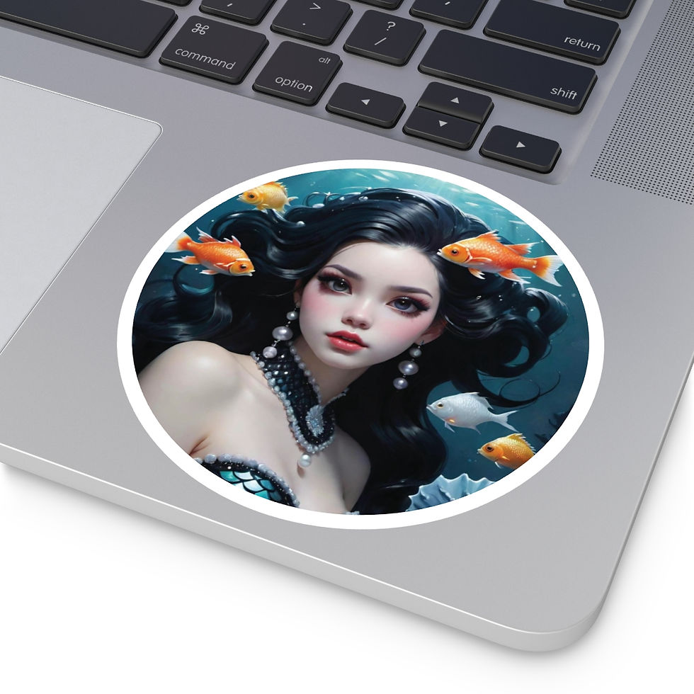 Thumbnail: Raven Haired Mermaid among White n Orange Fish Round Stickers, Indoor\Outdoor