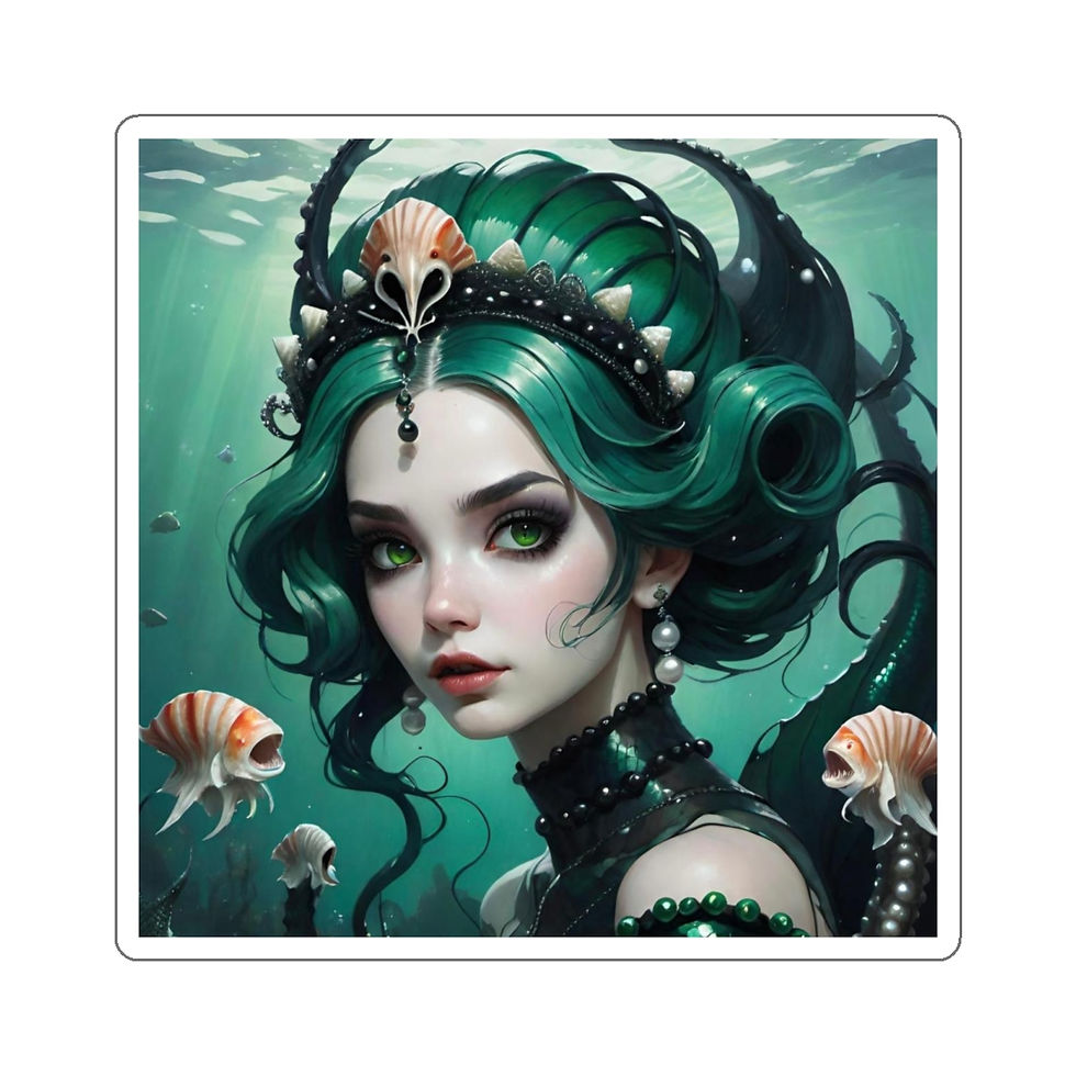 Thumbnail: Green Siren Mermaid-Octo-ish w Lrg Shell n Blk Pearl Crown-Die-Cut Stickers