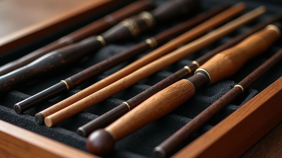 High angle view of various wands displayed in an elegant wooden case