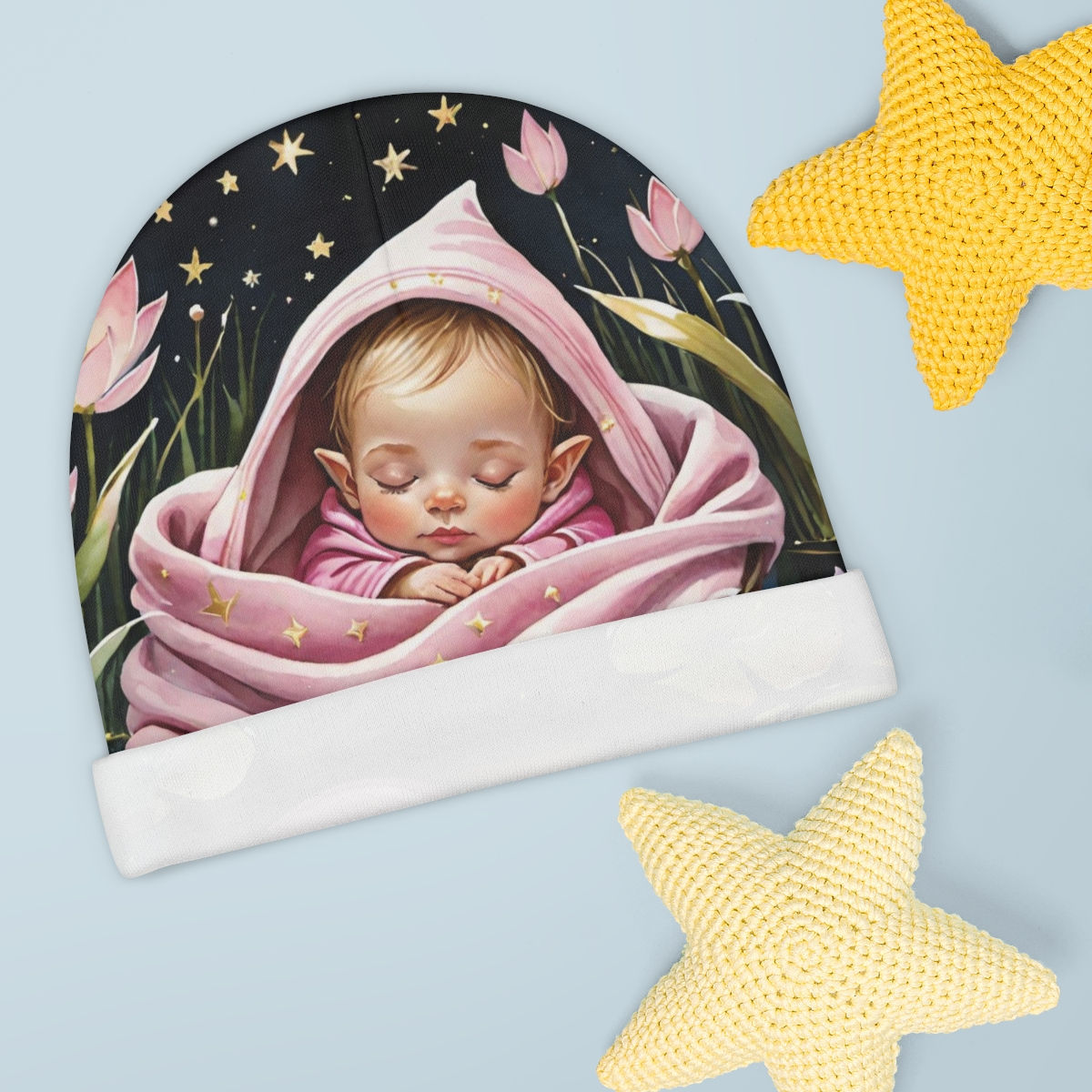Dreaming Amongst the Lilypads-Pink Star Blankie Baby Fae Girl- Baby Beanie