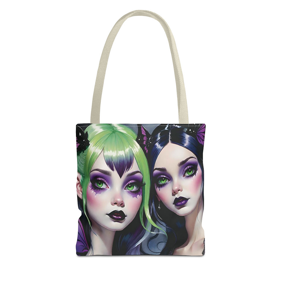 Thumbnail: Sister Faeries- Green w Purple Tips and Butterfly Clips in Hair -Tote bag