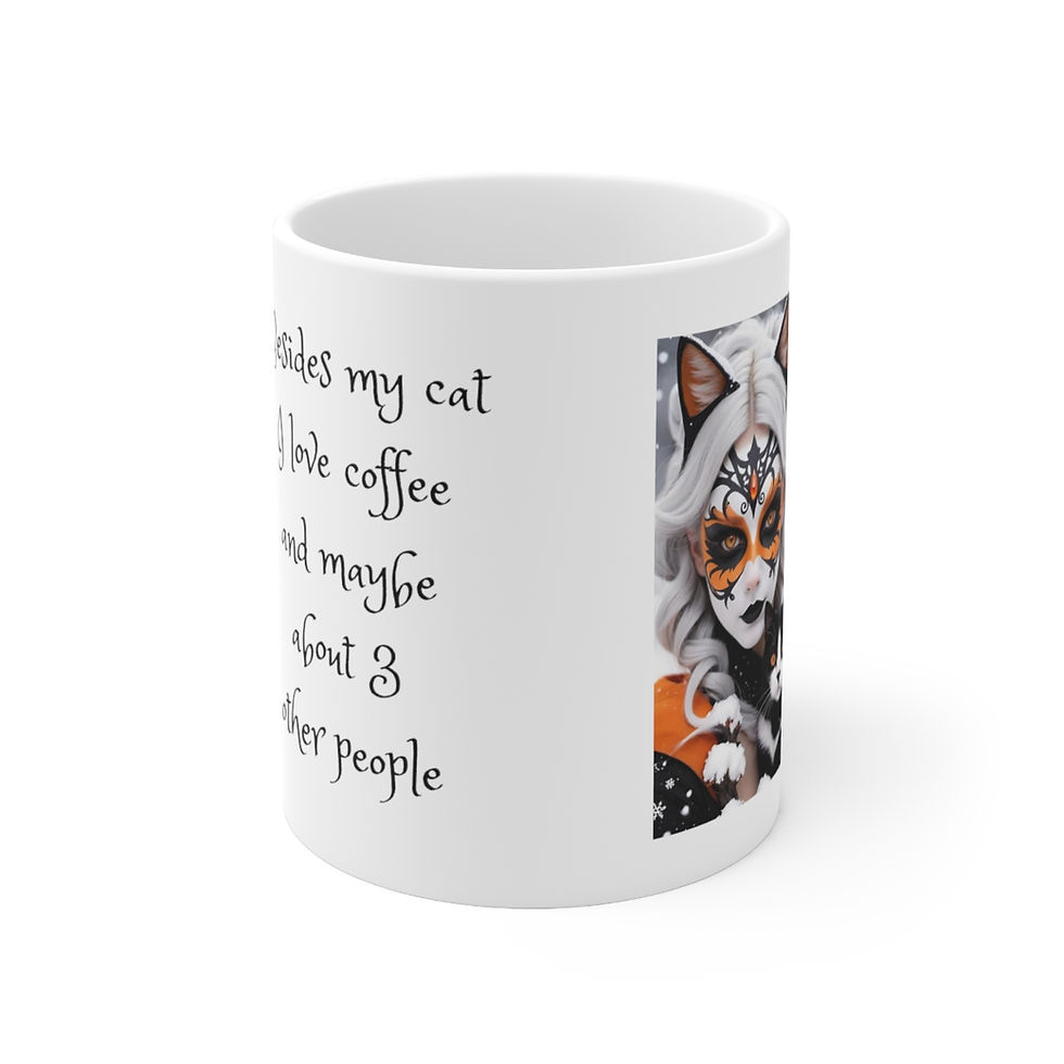 Thumbnail: White Haired Calico Cat Fae Blk-kitty- I Love Cat n Coffee Ceramic Mug 11oz