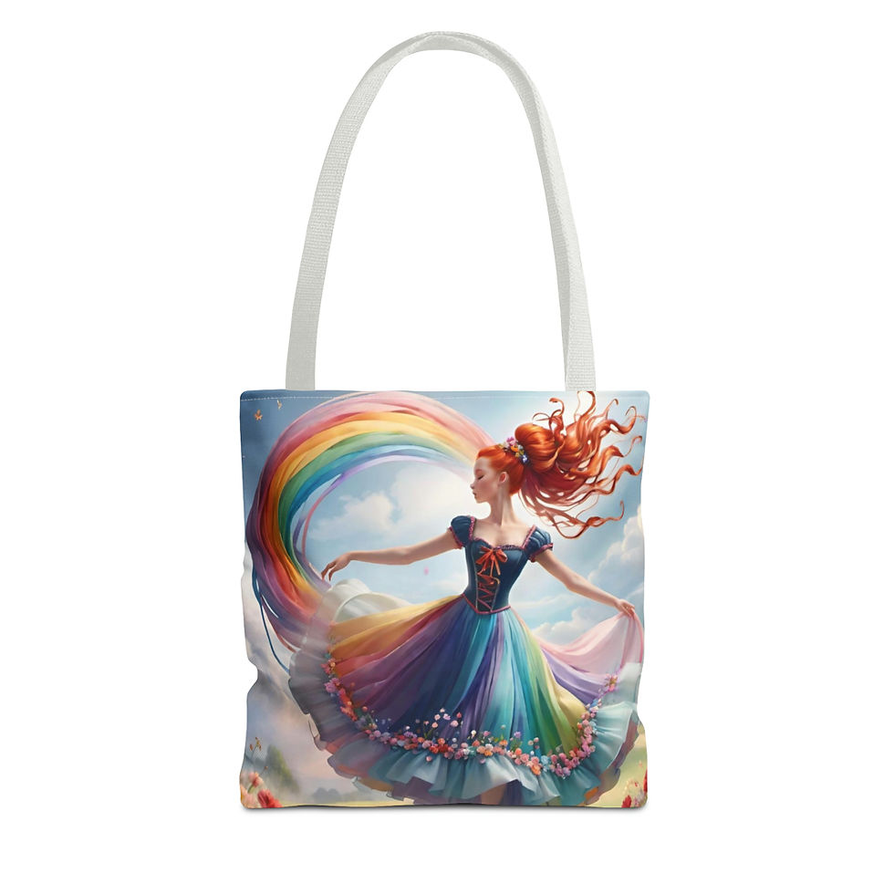 Thumbnail: Redheaded Rainbow Dancer-Long Dress-flora on skirt-flower field-Tote bag