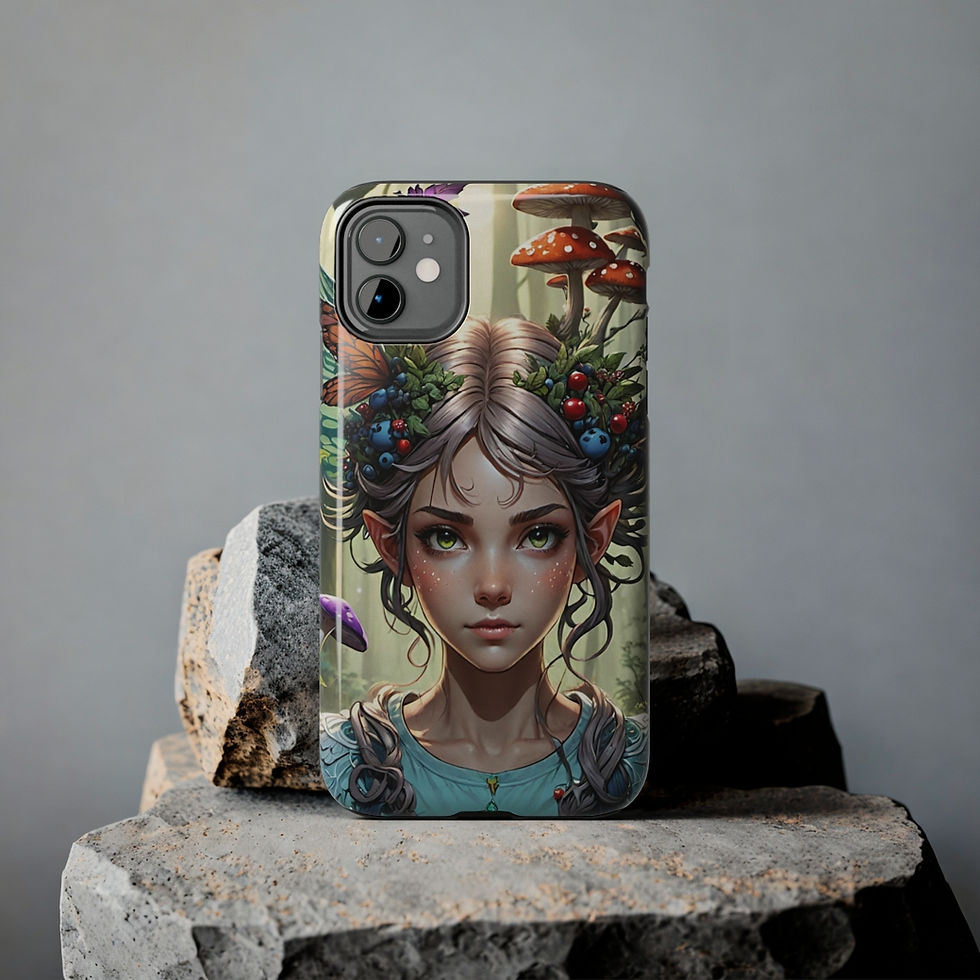 Thumbnail: Fair Haired Fly Agaric Mushroom Fae in Green Top-Close-up View-Tough Phone Cases