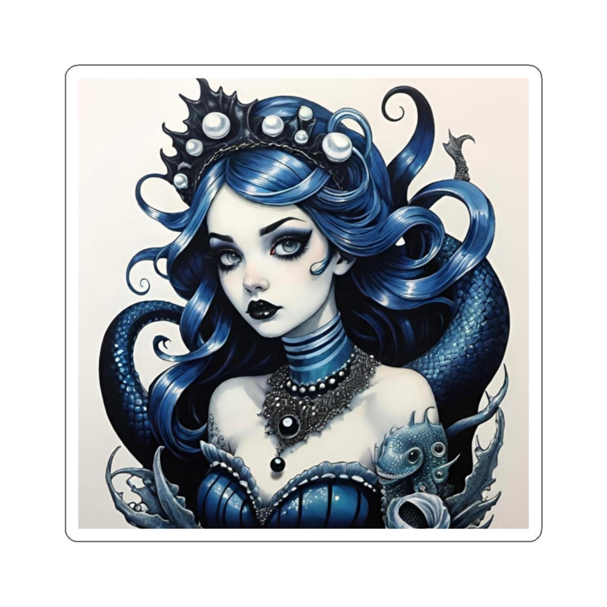 Blue Siren Mermaid-Gothic Octo-ish w Pet Fish-Wht Pearl Crown-Die-Cut Stickers
