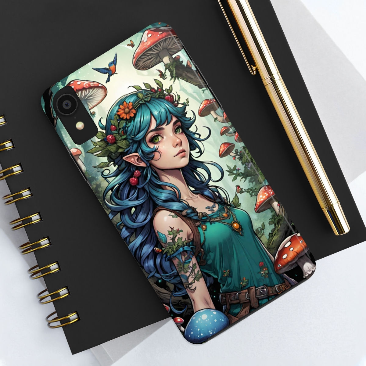 Blue-Teal Haired Fly Agaric Mushroom Fae -Teal Shirt Tough Phone Cases