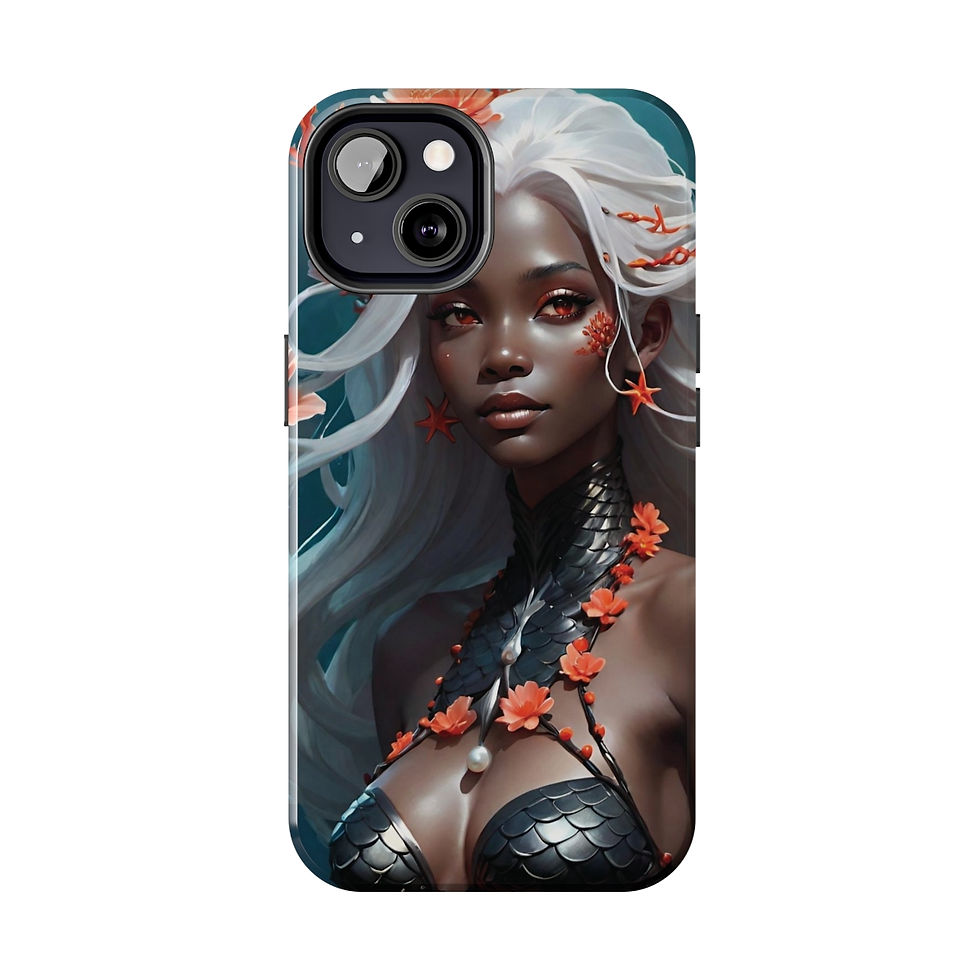 Thumbnail: Mermaid-White Hair Dark Skin Blk Fins w Coral Flowers Pearls-Tough Phone Cases