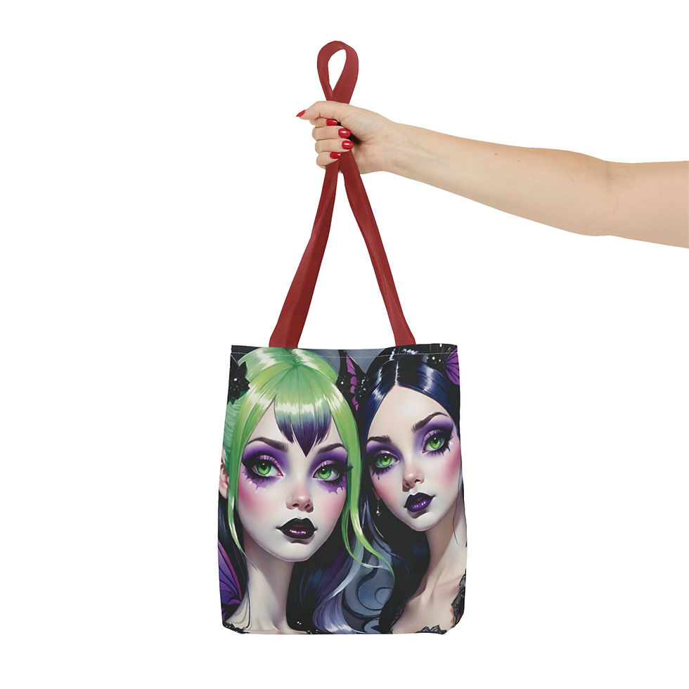 Thumbnail: Sister Faeries- Green w Purple Tips and Butterfly Clips in Hair -Tote bag