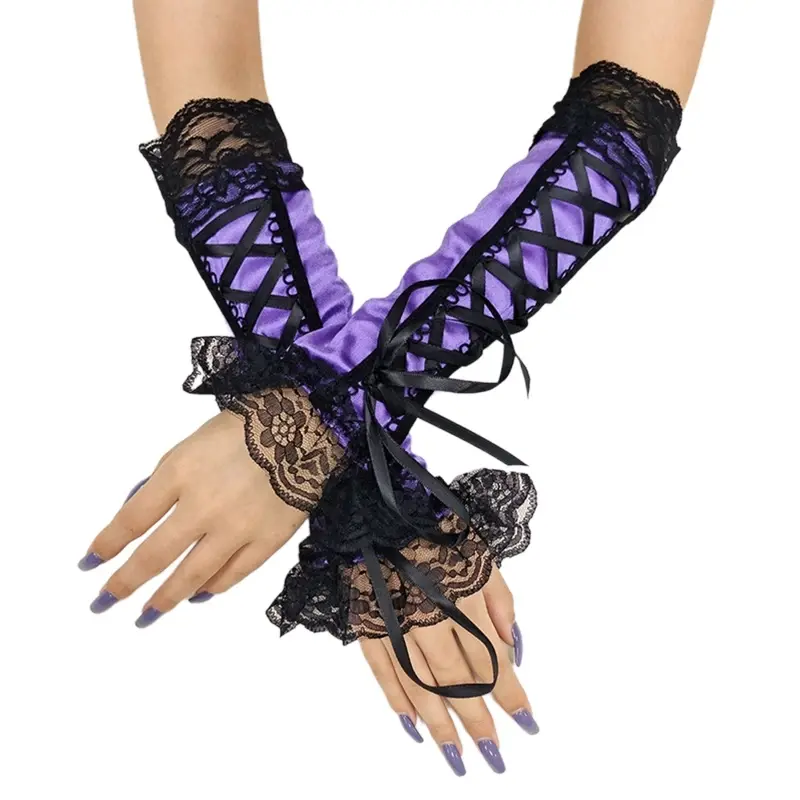 Thumbnail: Long Gloves Elbow Length Half-FingerRibbon Fingerless Fishnet Mesh