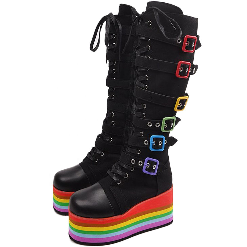 Womens Knee High Punk Rainbow Flat Platform Wedge