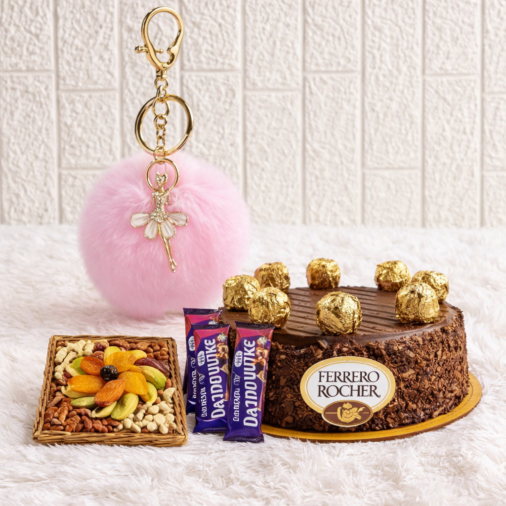 Ladies Keychain+Dry Fruits+Dairy Milk with Ferrero Rochers Chocolate Cake
