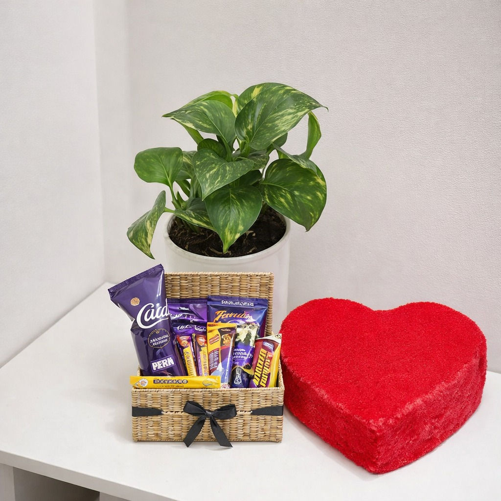 Indoor Money-Plant with Pot,Chocolate Basket with Red Velvet Heart Cake