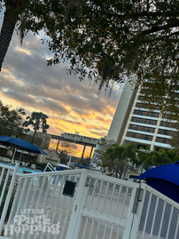 View from pool of monorail at sunset