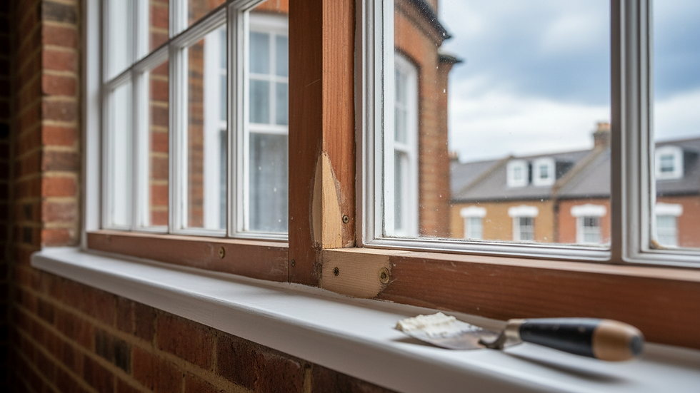 Close-up view of sash window frame showing timber repair work