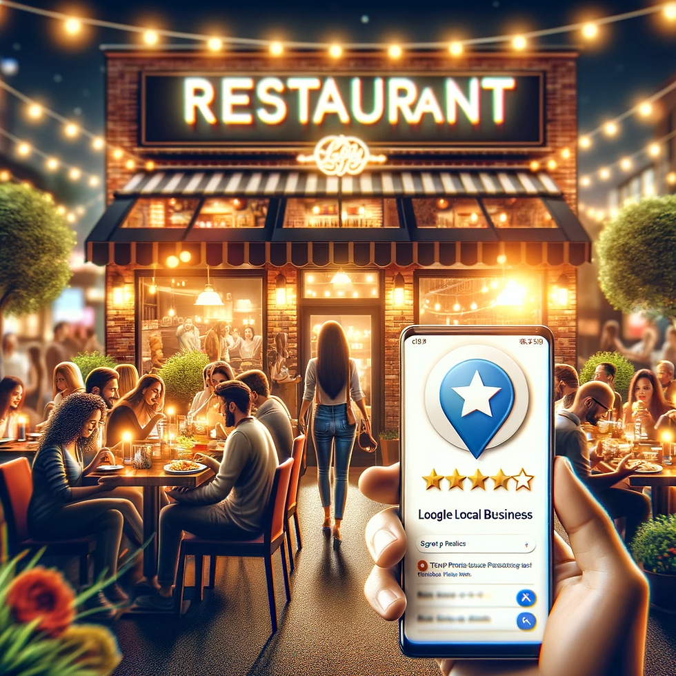 Digital illustration of a restaurant thriving with local SEO. In the foreground, a smartphone displays the restaurant's high-rated Google My Business profile. The background shows a lively, diverse crowd enjoying their meal in a cozy, well-decorated dining space. The restaurant's exterior sign, prominently featuring its name and a 'Top Rated' badge, is visible, symbolizing its strong online presence and community engagement.