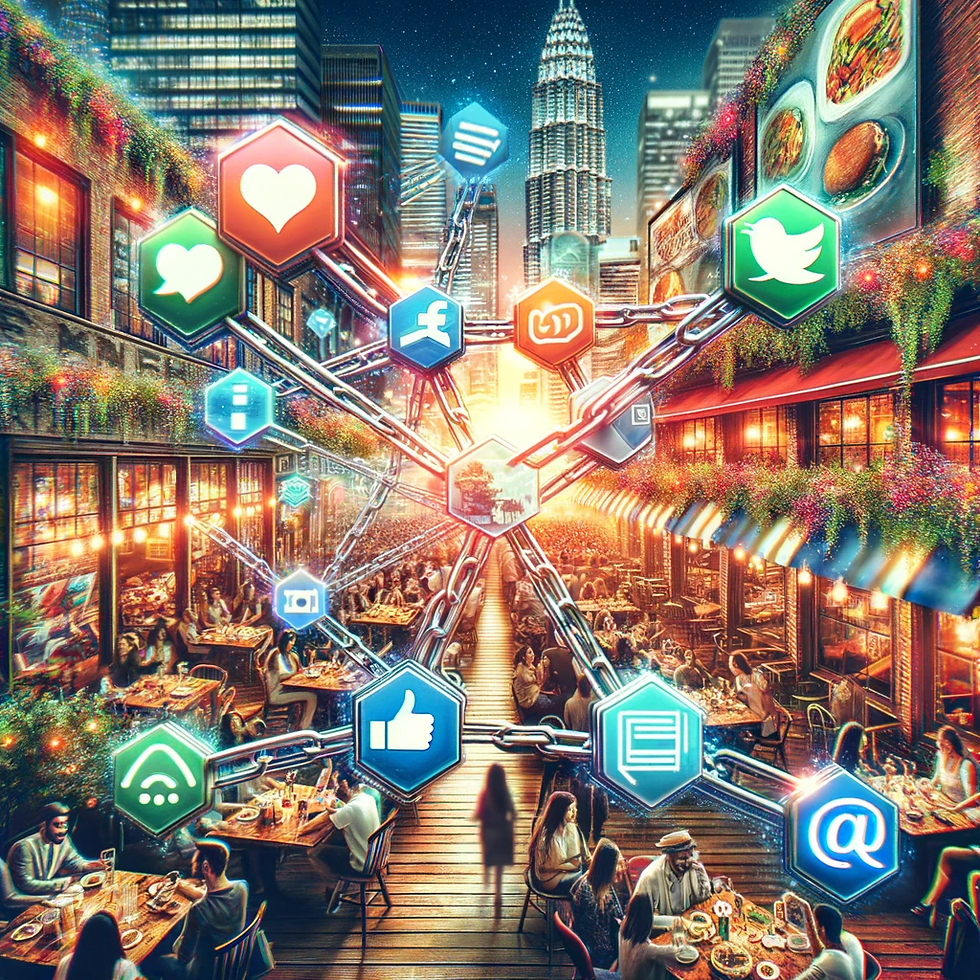 Dynamic digital illustration showcasing a restaurant's social media engagement and link-building strategy. The focal point is a montage of various social media platforms, alive with the restaurant's interactive posts, buzzing with likes, shares, and comments. In the backdrop, the restaurant is teeming with customers, symbolizing real-world success. Visual hyperlinks connect the social media elements, emphasizing the value of building online connections. The overall scene vibrantly captures the effective melding of social media dynamics and strategic link building in a restaurant's marketing approach.
