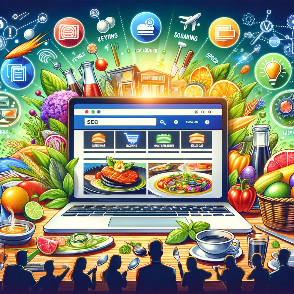 Digital illustration depicting a restaurant's website and content optimization. A laptop screen displays a sleek restaurant website, featuring vibrant images of dishes, clear menus, and engaging blog entries. Symbols of SEO, like keywords and mobile responsiveness, encircle the laptop. In the background, a montage of fresh ingredients, a chef at work, and satisfied customers illustrates the blend of quality content and technical SEO in enhancing a restaurant's online presence.