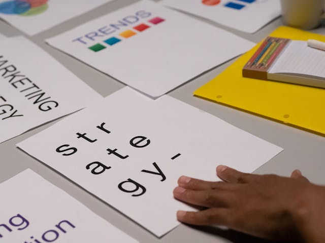 A depiction of marketing keywords, with strategy in focus