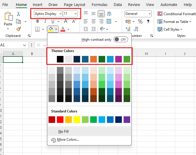 Here are the default themes in Excel, you can see the default police (Aptos Display) and the Theme Colors
